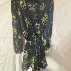 Lauren Conrad satin Floral Wrap Dress in Navy and Yellow